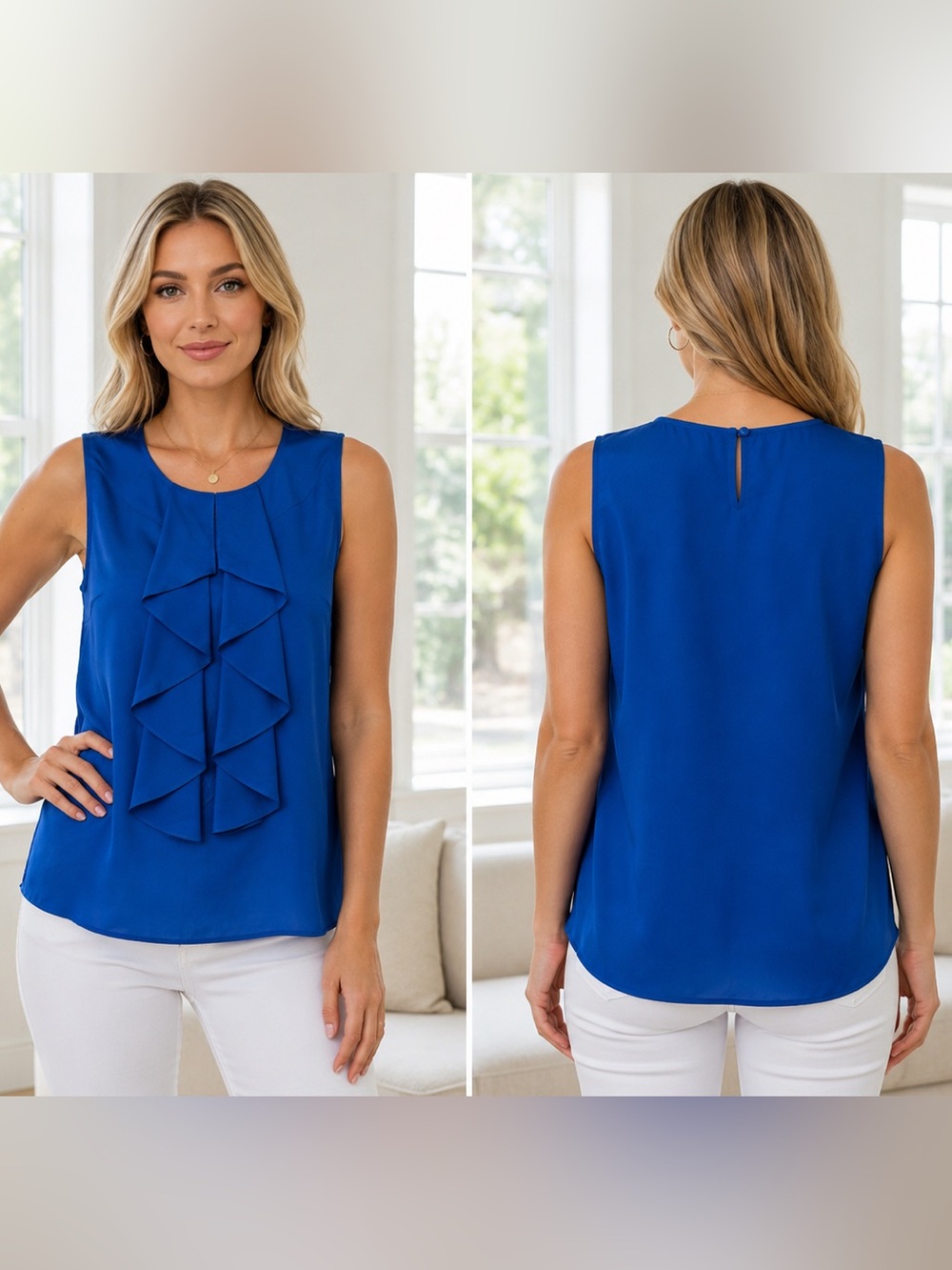 Calvin Klein Royal Blue Sleeveless Ruffle Front Blouse Size 10 NWT